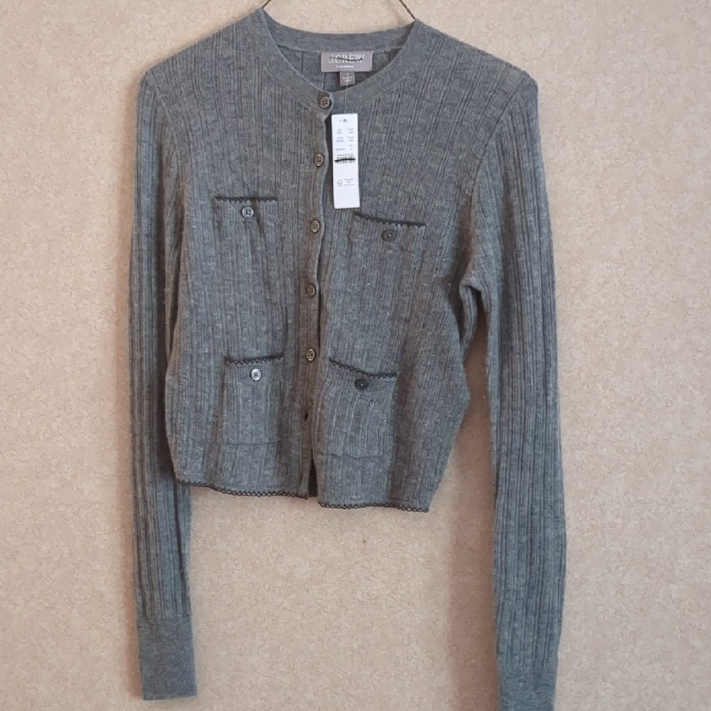 J. Crew womens Featherweight Cashmere Charcoal Ribbed Cardigan